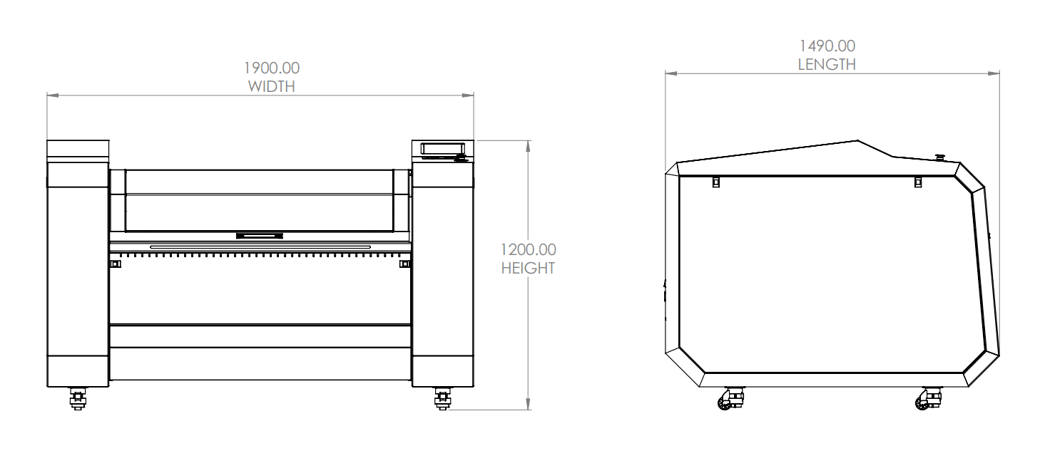 Plotbot Pro front and side dimension drawing: width 1900.00 mm, depth 1490.00 mm and height 1200.00 mm