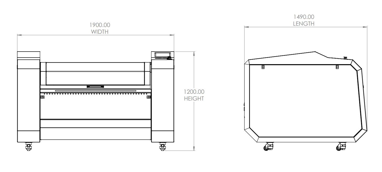 Plotbot Pro front and side dimension drawing: width 1900.00 mm, depth 1490.00 mm and height 1200.00 mm