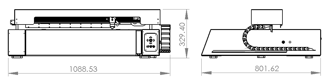 Plotbot Plus front and side dimension drawing: width 1088.53 mm, depth 801.62 mm and height 329.40 mm