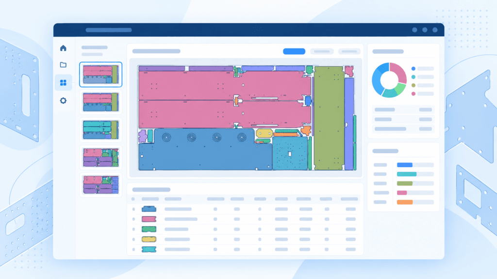 PlotNest nesting layout with a list of sheets and the parts packed on the selected sheet
