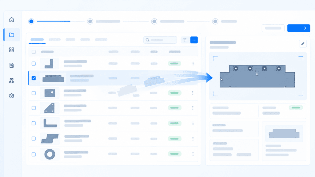 PlotNest parts library with part profiles and a preview of the selected part