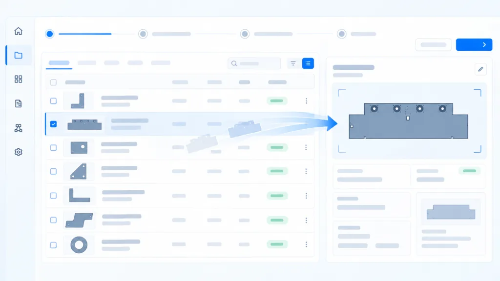 PlotNest parts library with part profiles and a preview of the selected part
