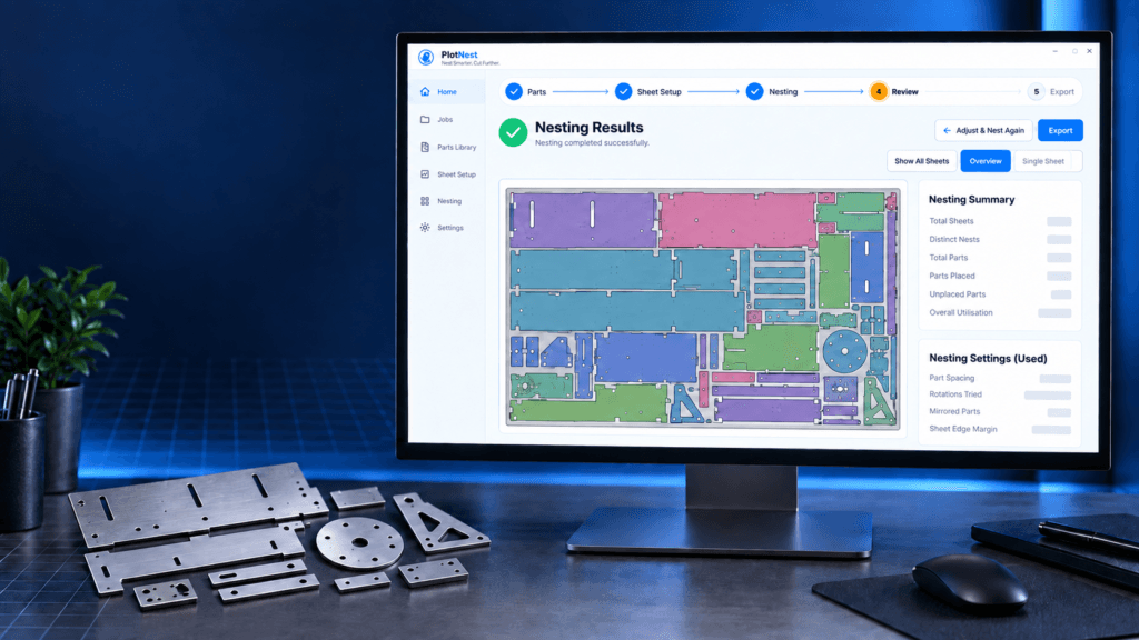 PlotNest nesting software on a desktop monitor showing nested sheet layouts, next to laser-cut steel parts