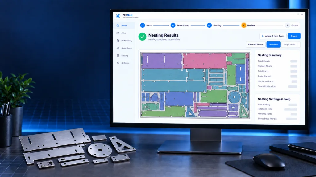 PlotNest nesting software on a desktop monitor next to laser-cut steel parts