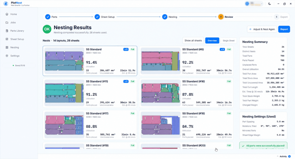 PlotNest nesting results: 14 layouts on 26 sheets of 3000 × 1500 mm with utilisation for each sheet and the nesting summary
