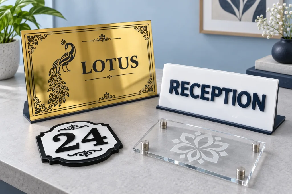 Sample acrylic signage: a golden acrylic desk sign reading LOTUS with a peacock motif, a white RECEPTION sign with raised navy letters, a black and white number 24 house plate, and a clear acrylic panel with a frosted engraved flower on metal stand-offs