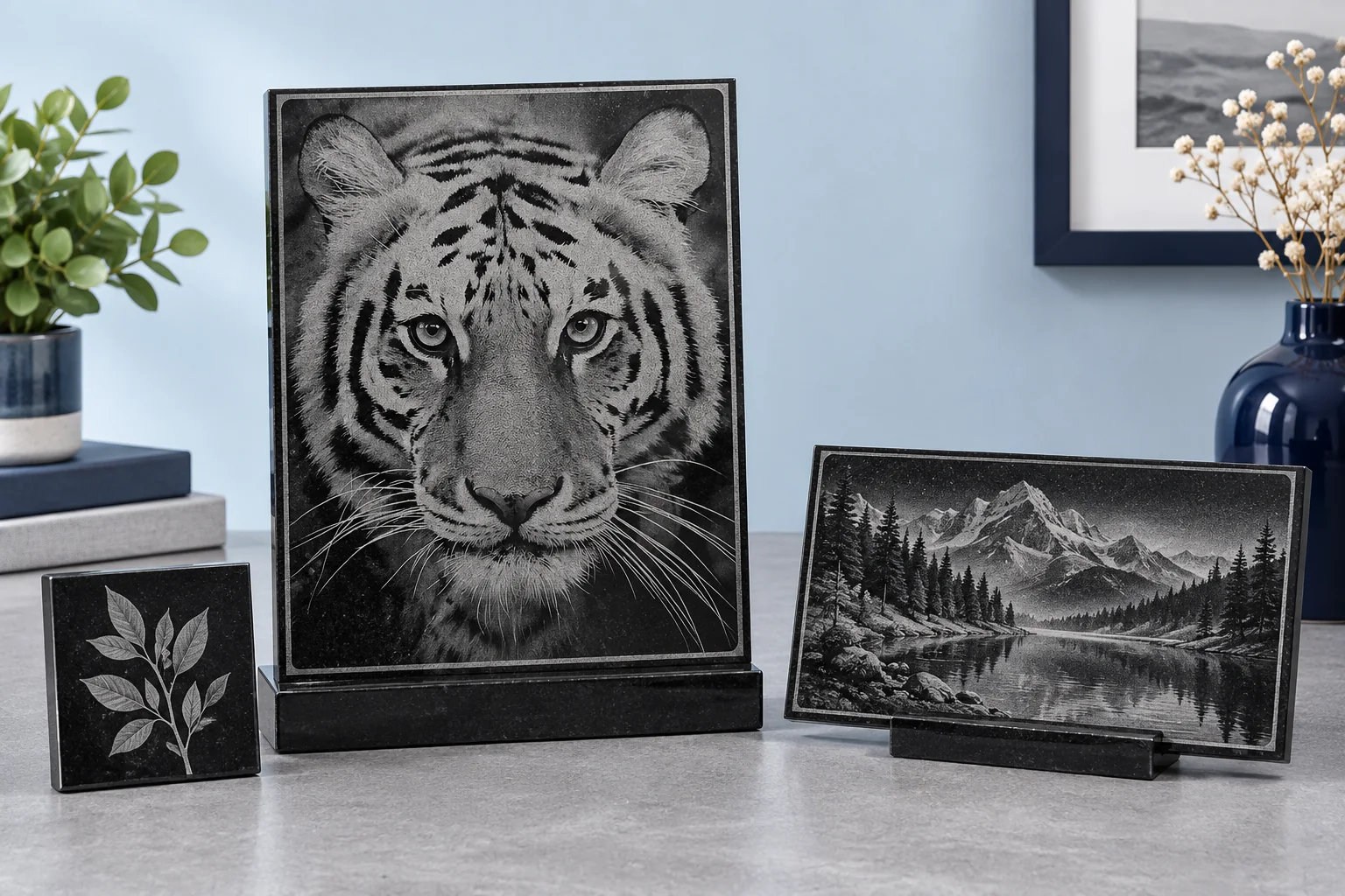 Tiger artwork engraved on black granite