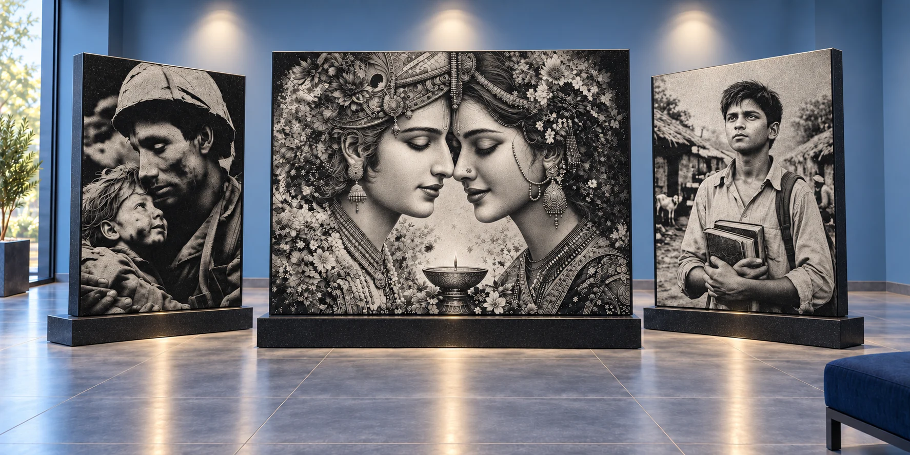 Three black granite panels with engraved portraits, Krishna in the centre