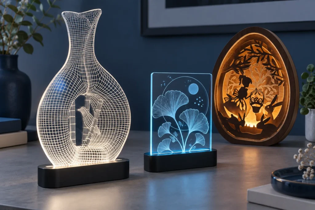 Sample lit decor: a 3D-effect vase design engraved on clear acrylic and a ginkgo design on blue-lit acrylic, both on black LED bases, beside a warm-lit layered wooden shadow-box lamp