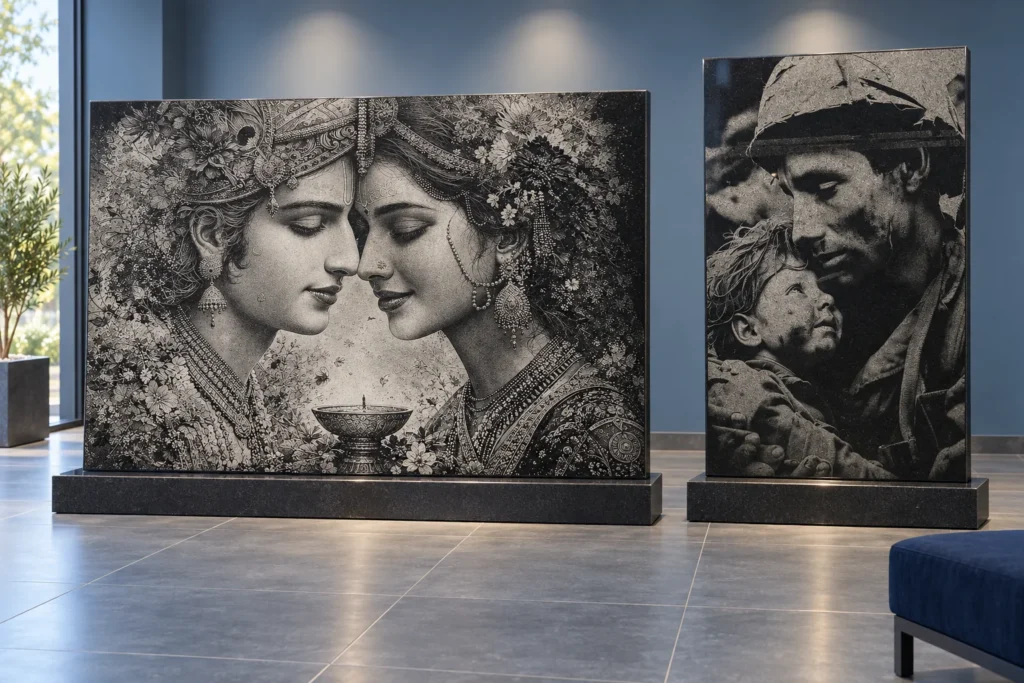 Sample large granite panels in a showroom: a wide black granite slab engraved with a Radha and Krishna portrait, and a tall panel engraved with a portrait of a man holding a child