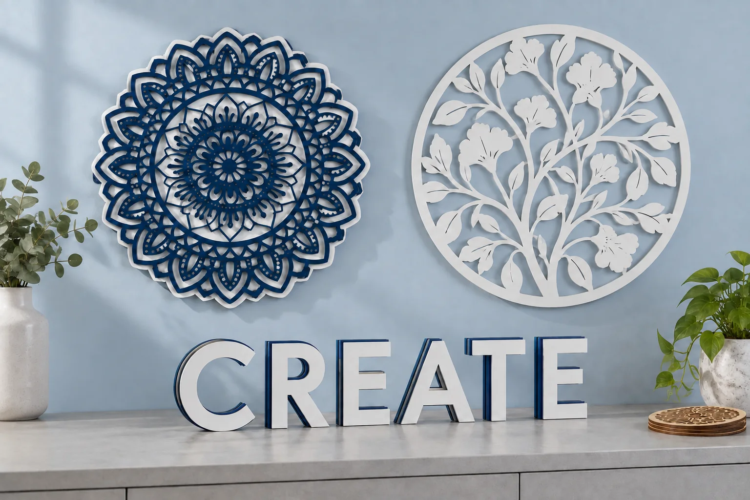 Layered mandala wall art and decorative cut lettering