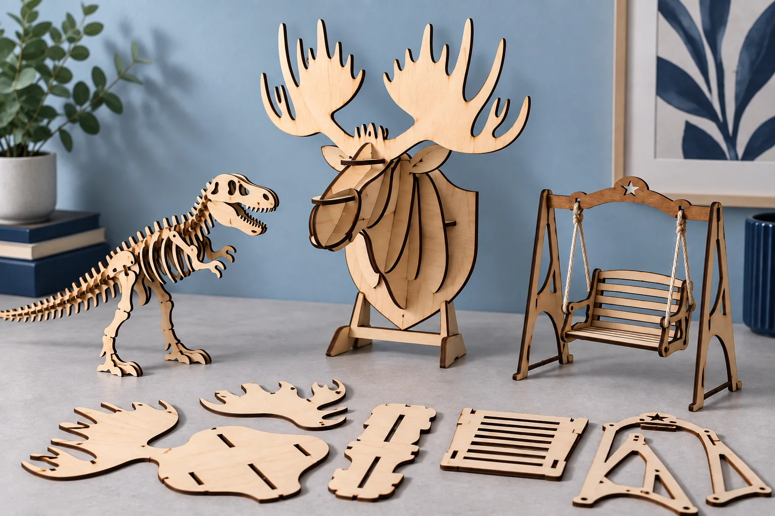 Laser-cut plywood models and flat interlocking parts