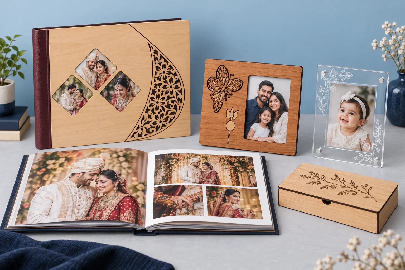 Personalised album covers, keepsake boxes and photo frames