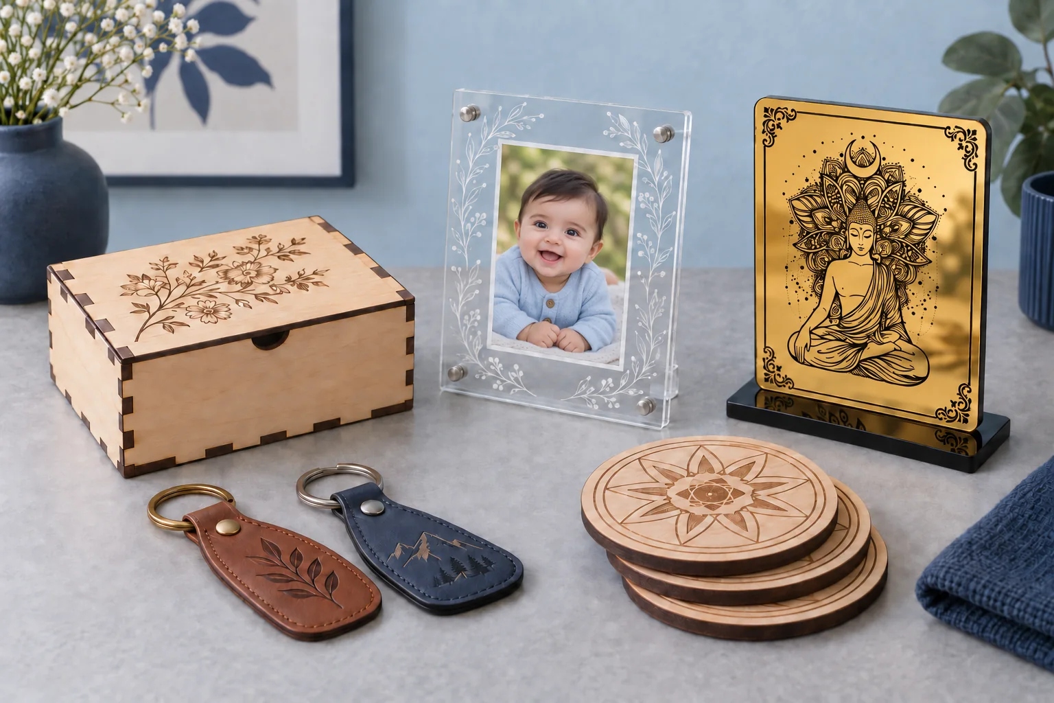 Wooden gifts, engraved golden acrylic and a baby photo frame