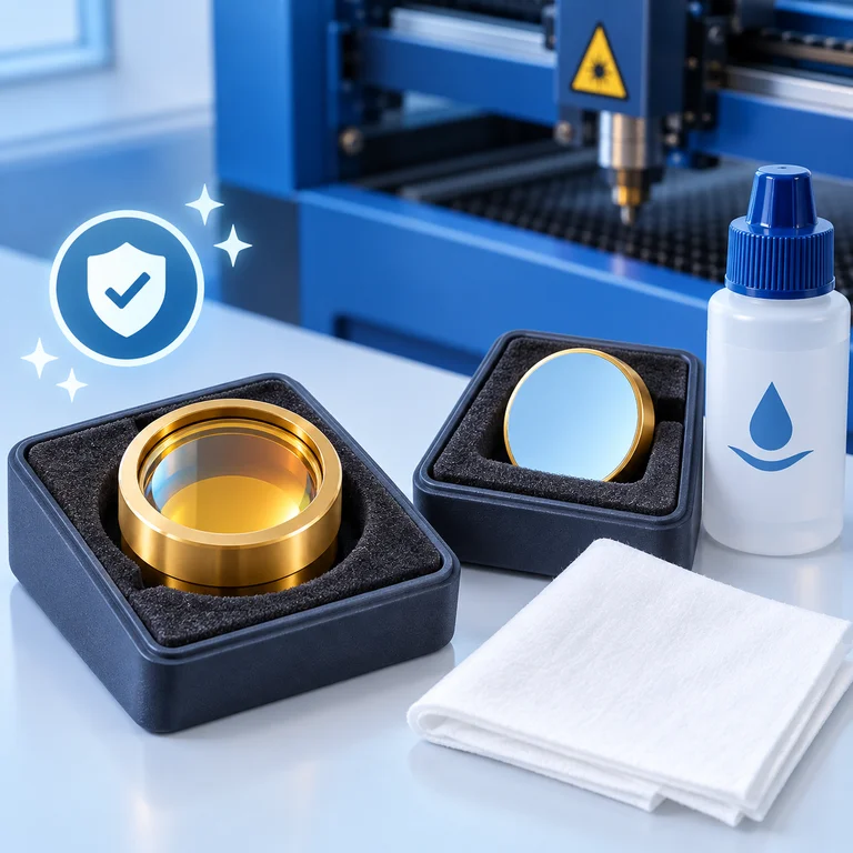 Laser mirror and lens with optical cleaning supplies